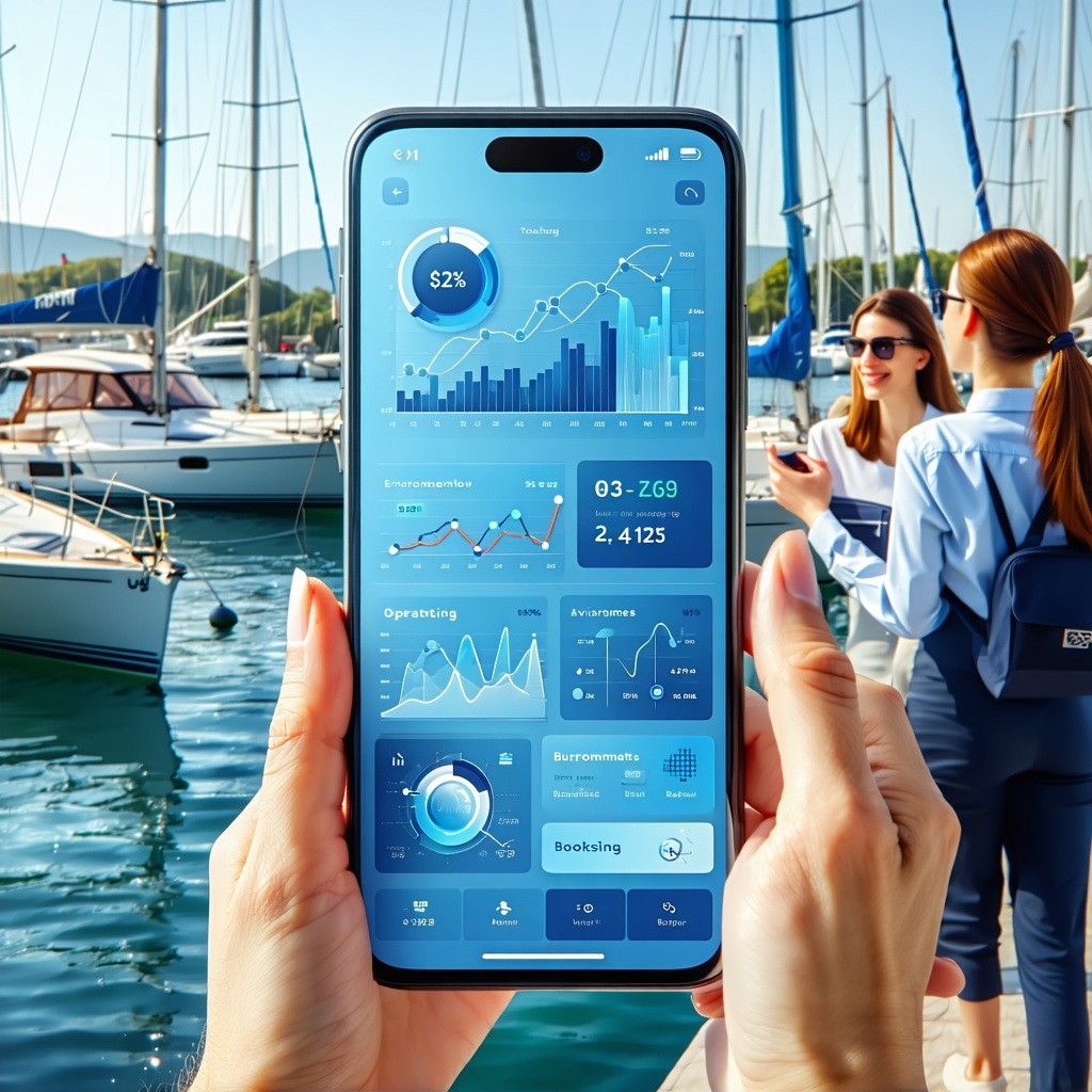 The image features a sleek modern digital interface displayed on a phone showcasing a vibrant blue and white color scheme The screen highlights a userfriendly dashboard filled with graphs and analytics representing marina operations bookings and envi-1