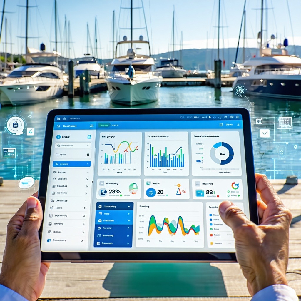 The image features a sleek modern digital interface displayed on a tablet showcasing a vibrant blue and white color scheme The screen highlights a userfriendly dashboard filled with graphs and analytics representing marina operations bookings and env